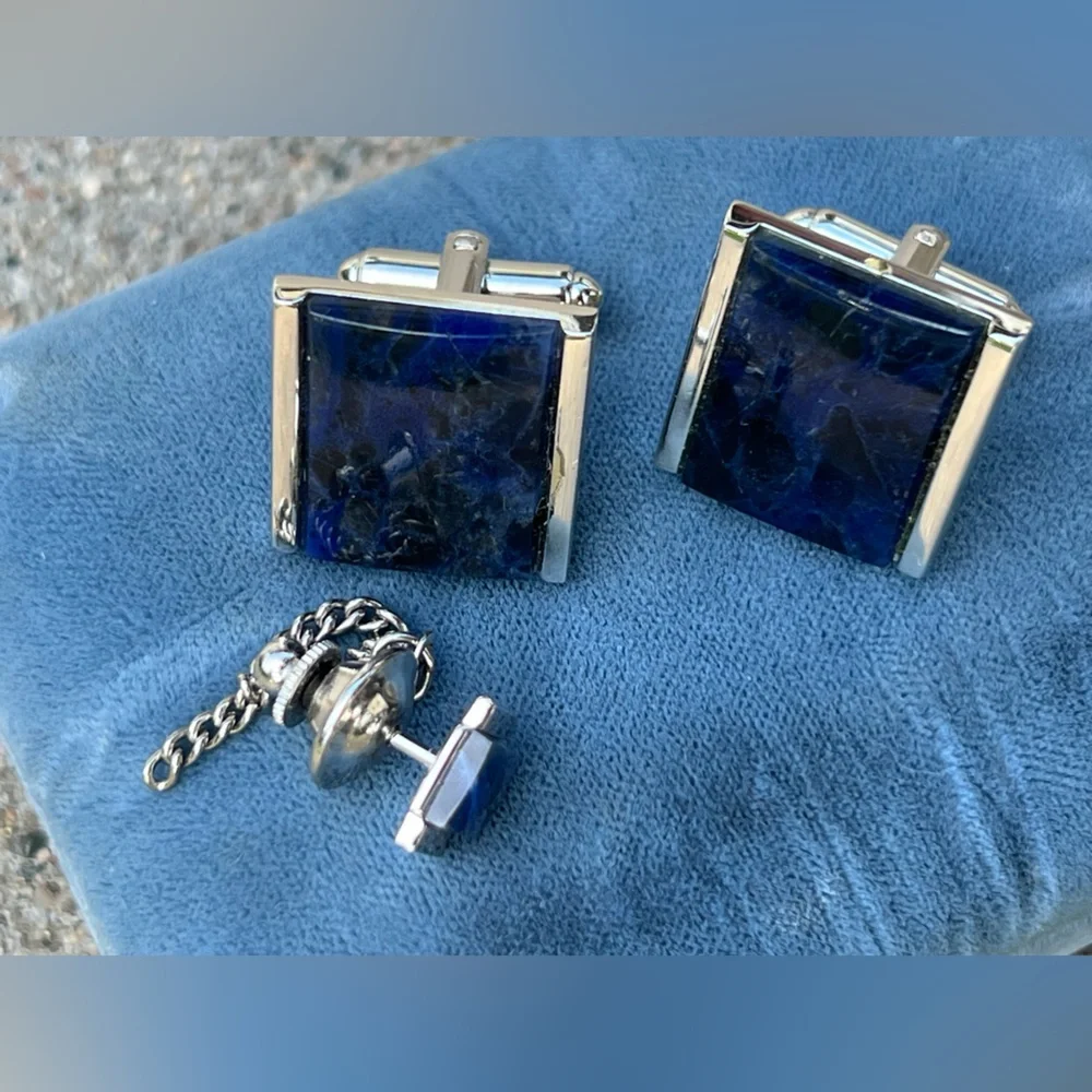 🔹Vintage Set of Genuine Sodalite Cufflinks & Matching Tie Tack — Blue / Silver